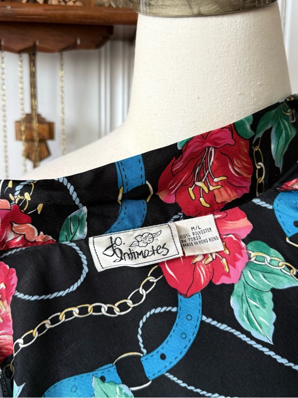 Vintage Horse-Bit and Floral Satin Black Multicolor Womens Robe - Picture 7 of 7